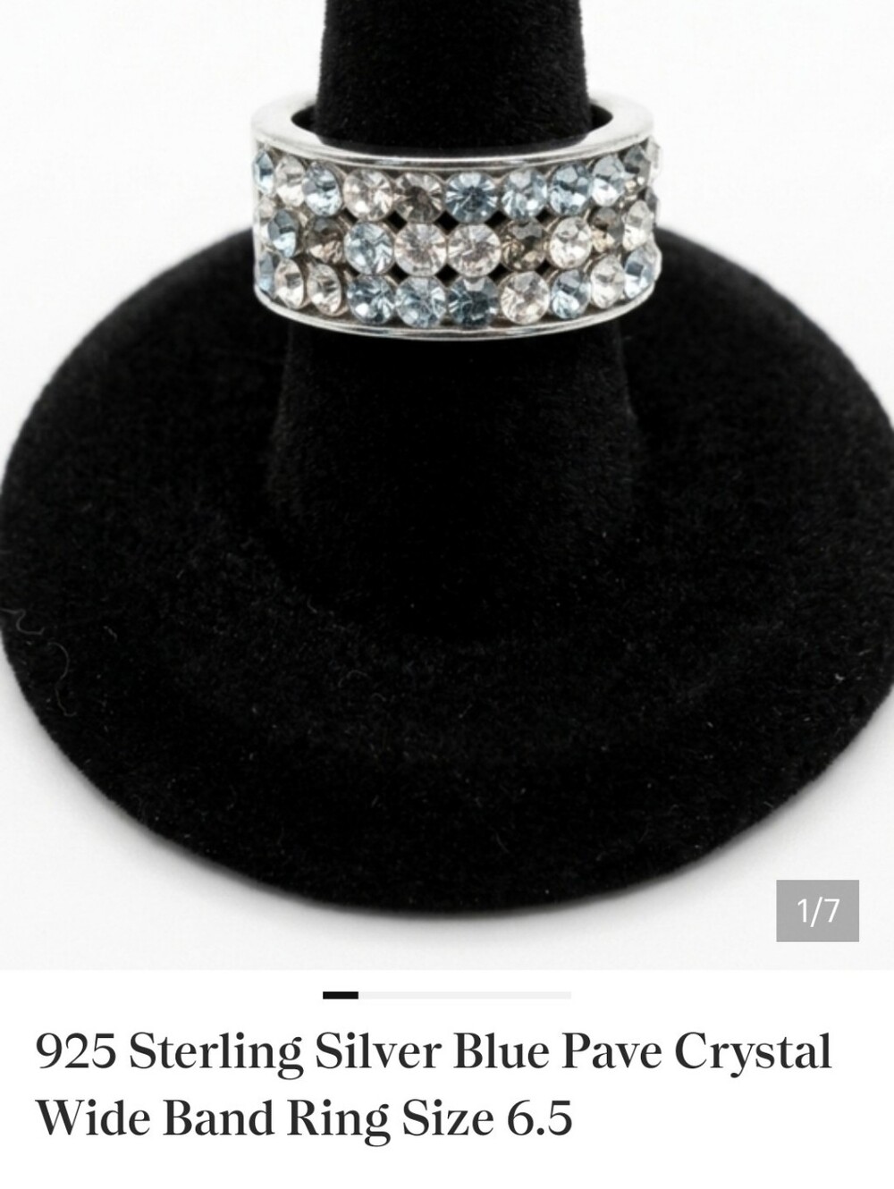 925 Sterling Silver Blue Crystal Pave Wide Band Ring Sz 6.5 Statement